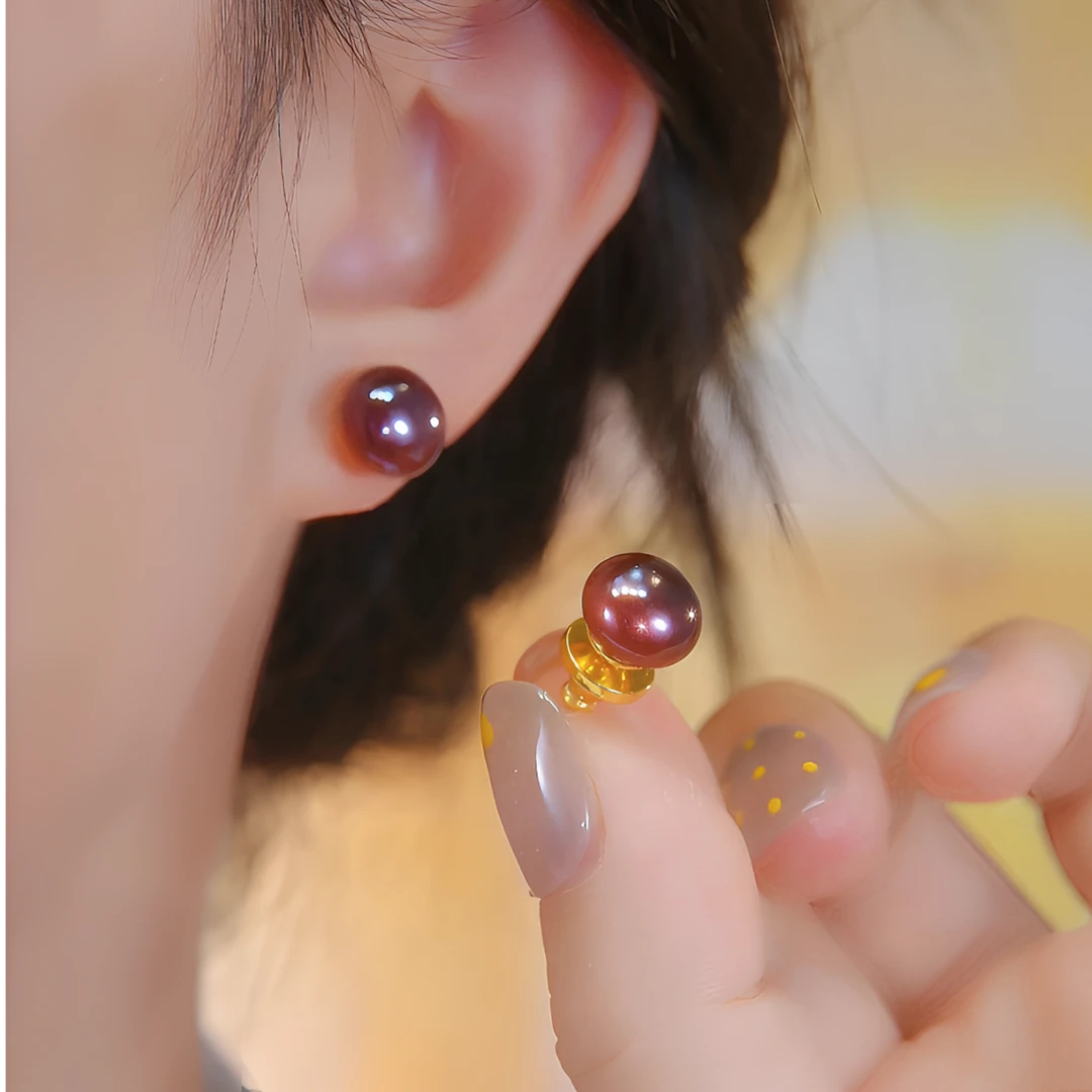 铜合金耳饰 2025新款紫霞红珠珠耳钉耳环女轻奢高级感气质氛围感