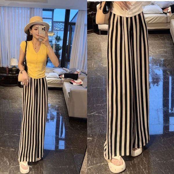 【黑杏条膜裤】夏季遮肉气质薄款百搭高腰显瘦直筒窄版阔腿裤8002