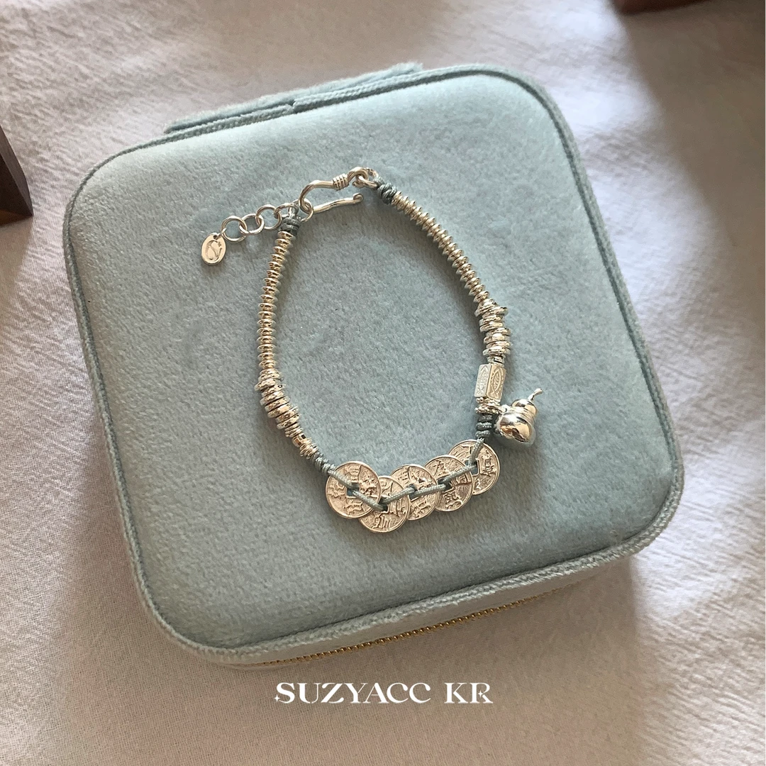 Suzyacc Kr 925银布艺手链 925银五帝钱葫芦手链时尚百搭DC0233