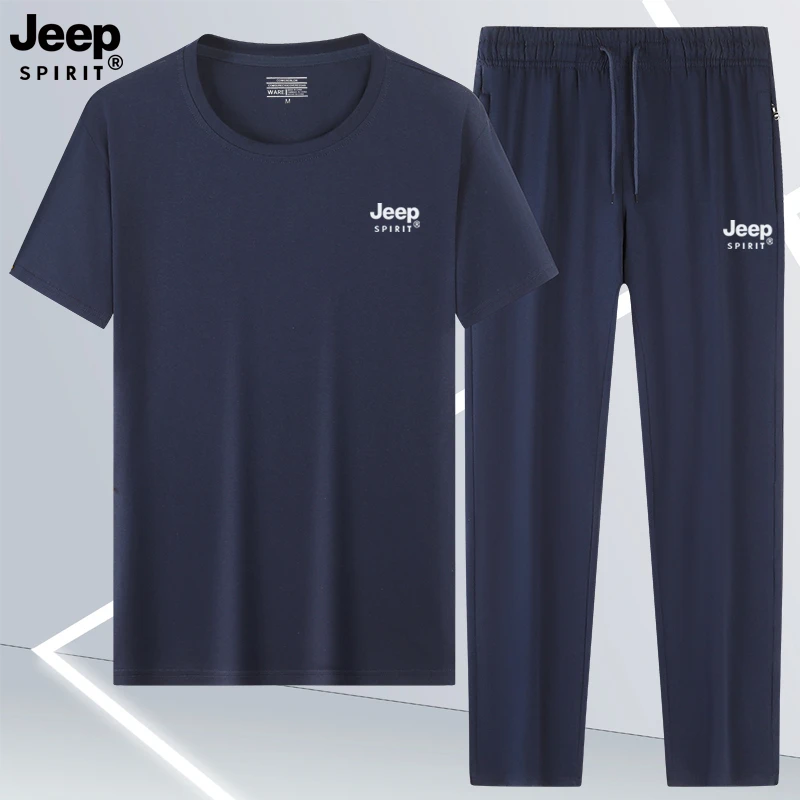 jeep吉普夏季休闲运动套装纯棉两件套男士透气圆领跑步健身套装男