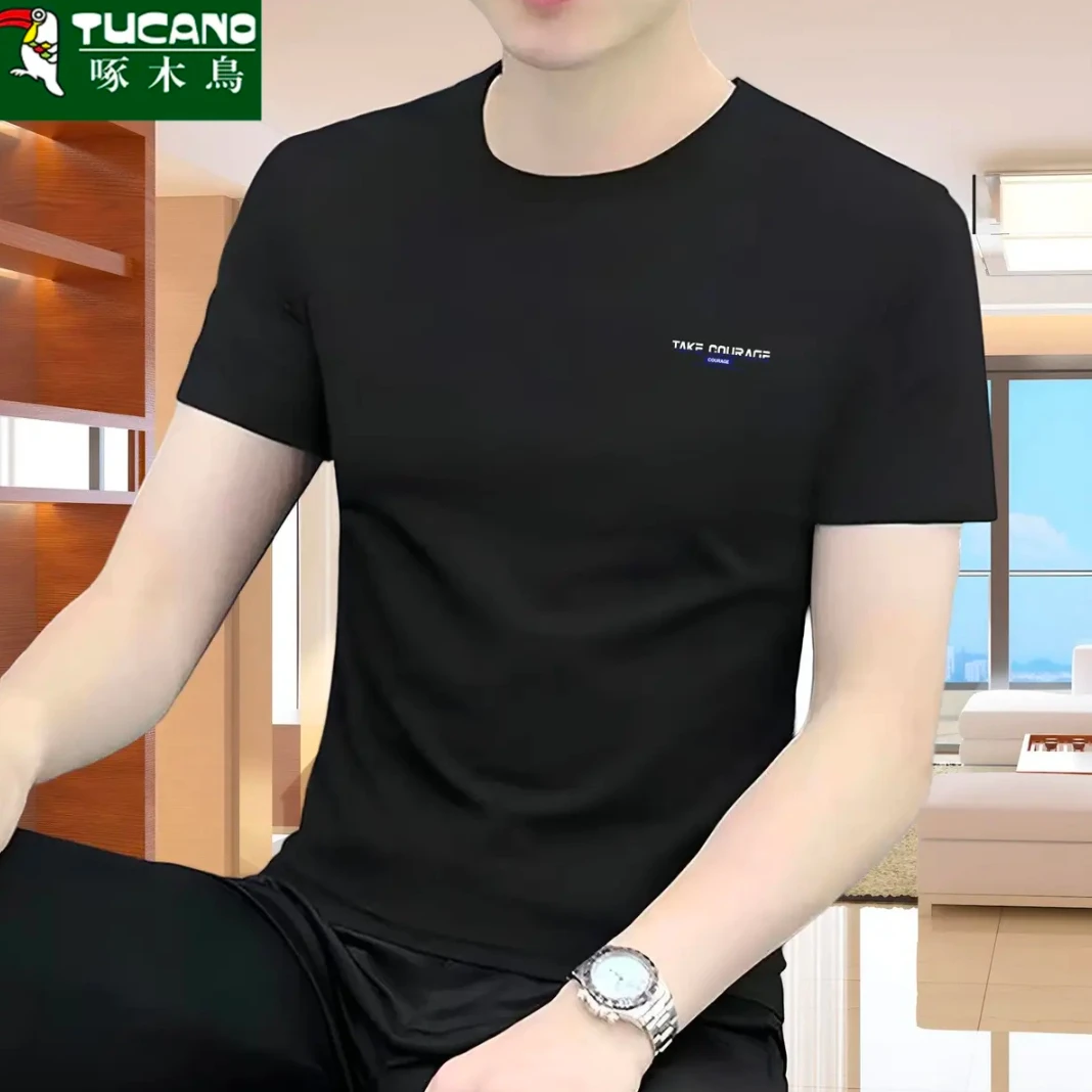 啄木鸟纯棉重磅男士白色短袖图案韩宽松韩版夏季半袖 t恤休闲百搭