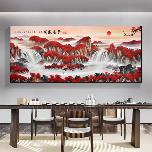 鸿运当头大气办公室画新中式客厅装饰画山水景色沙发背景墙壁挂画