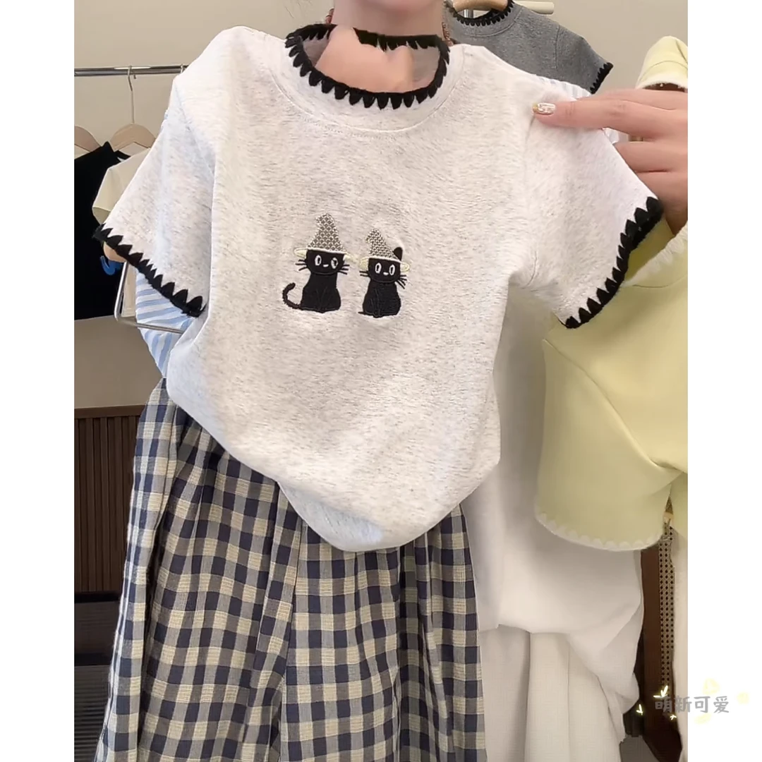 女童休闲T恤夏季2025新款韩版刺绣猫咪短袖时髦百搭清凉上衣儿童