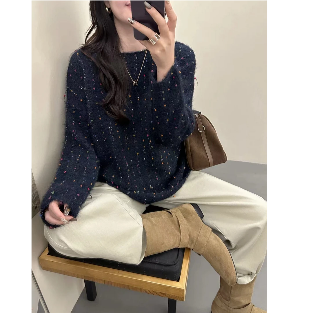 时尚彩色球球亮片卷边毛衣女秋冬季韩版一字领慵懒风针织衫1338-1