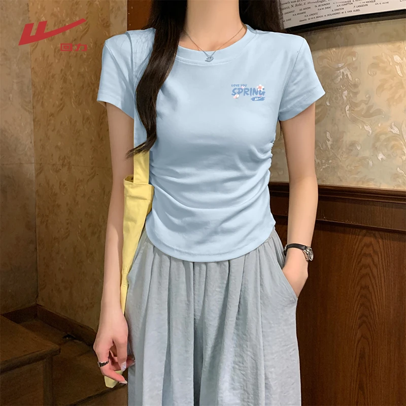Warrior/回力显瘦抽褶奶乖系甜酷短款打底T恤小众时尚可露丽风女T