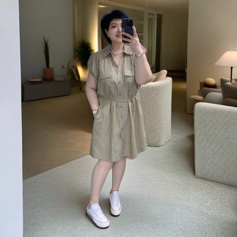 5031 夏季薄款绿条纹显瘦连衣裙/it