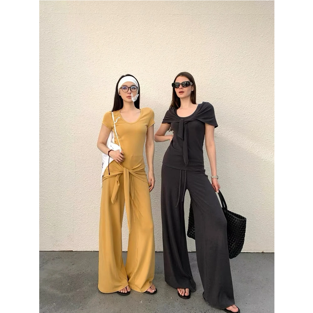 优秀的金蘑菇【自在淡人】简约高弹针织T恤 宽松阔腿裤女遛弯套装