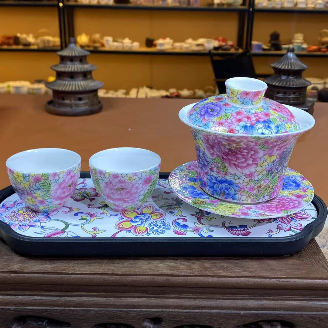 复古精美家用茶壶珐琅彩牡丹花盖碗带两杯带茶盘A005