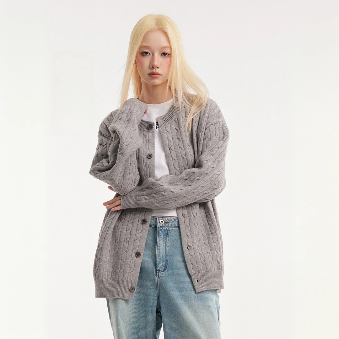 美式复古麻花纹针织外套男女慵懒风百搭休闲情侣开衫毛衣潮