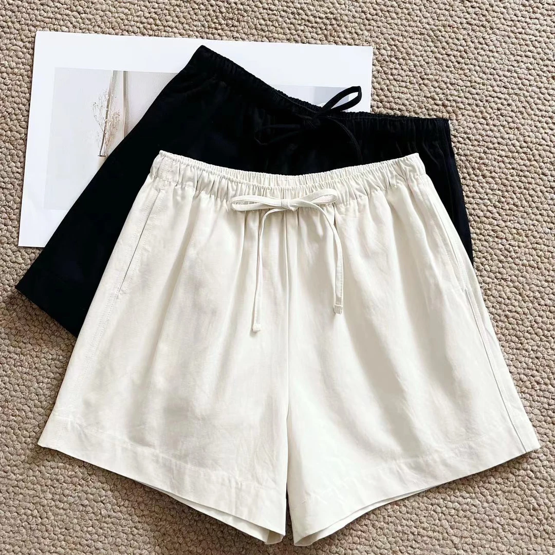 纯棉短裤夏季四分裤白色显瘦休闲裤高腰时尚百搭外穿宽松松紧腰