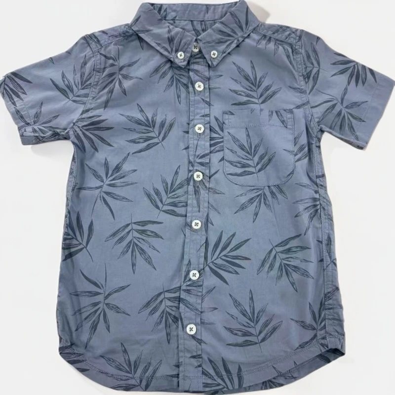 蓝色叶子短袖夏季衬衫男中性海边外套休闲风