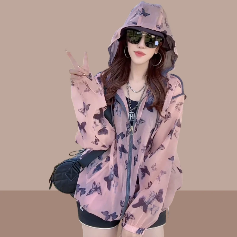 夏季冰丝连帽防晒衣女2025新款碎花设计薄款透气防紫外线上衣外套