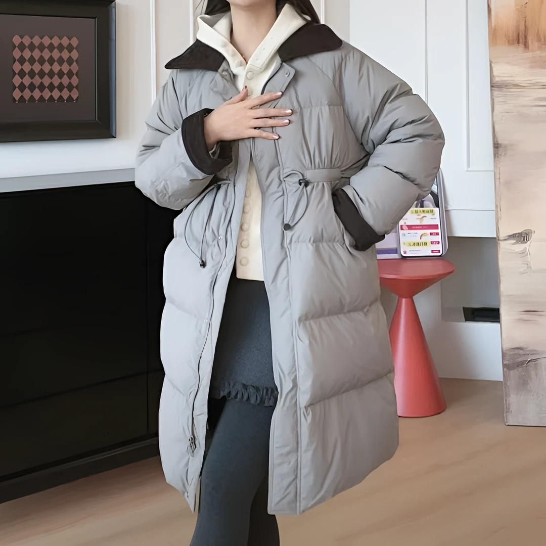 【YHH】冬季休闲翻领长款拼接抽绳羽绒服-YHW5191