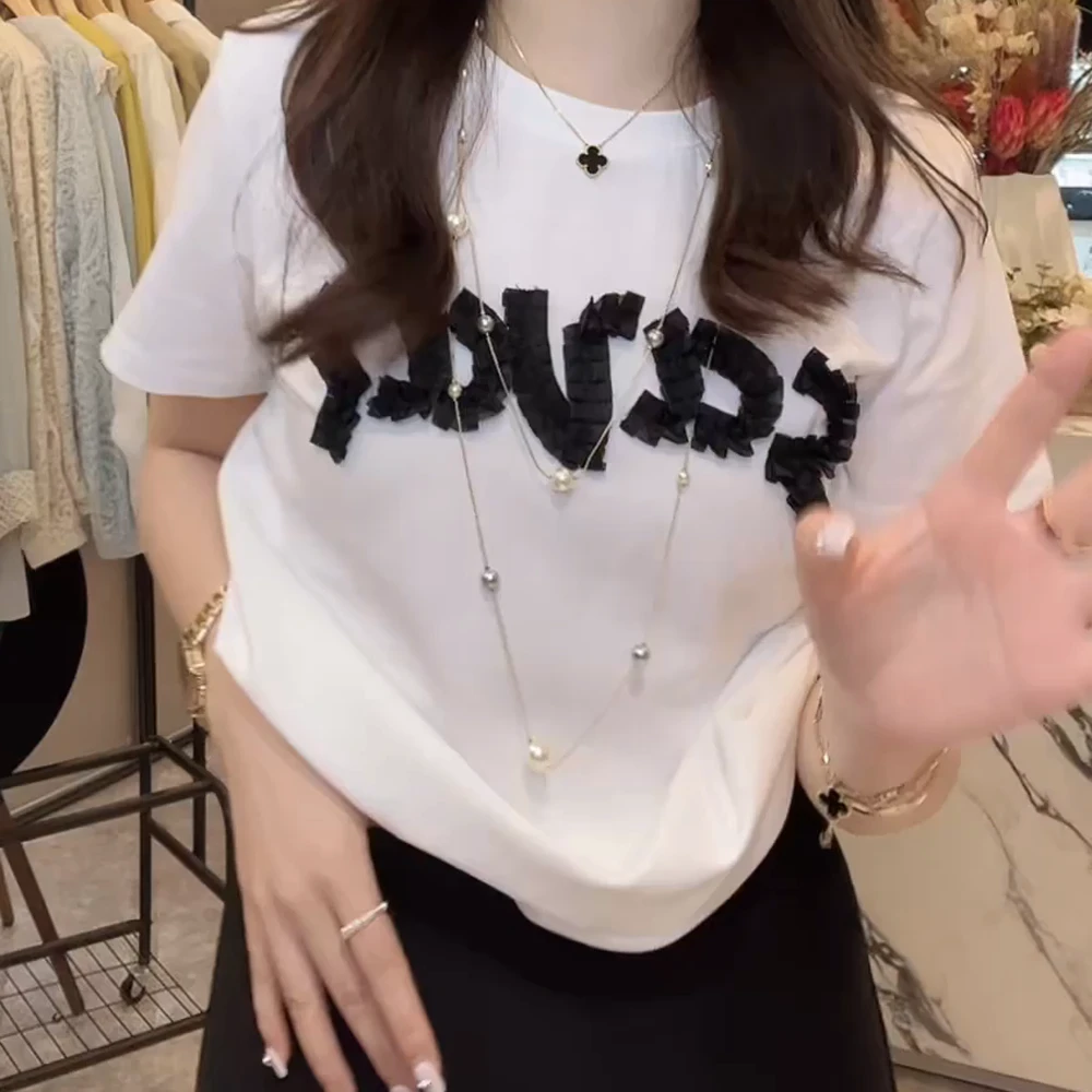 【小香字母T】显瘦时尚夏季小众宽松泡泡袖印花设计感t恤