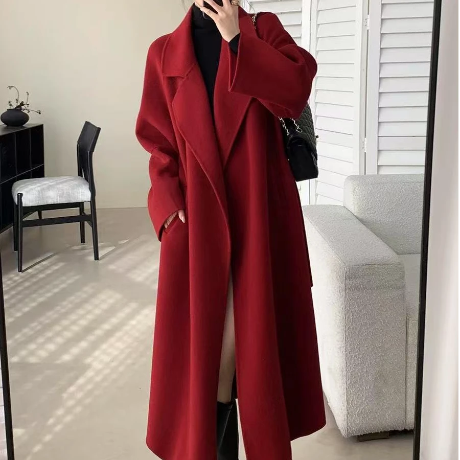 【非图片款】红色网红秋冬显瘦过膝毛呢外套双面羊毛大衣中长款