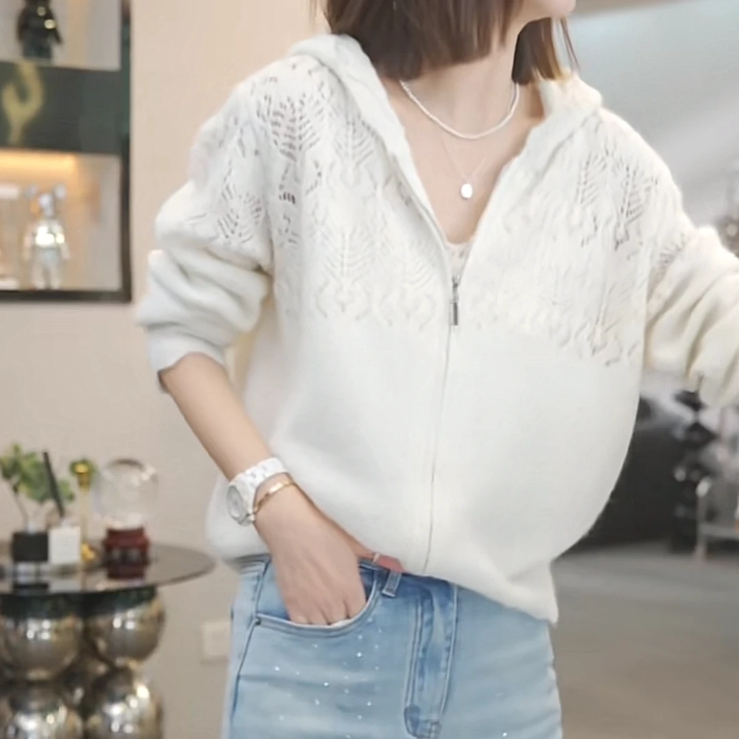 镂空设计感重工帽衫外套2女025春季新款时尚花纹气质长袖连帽上衣