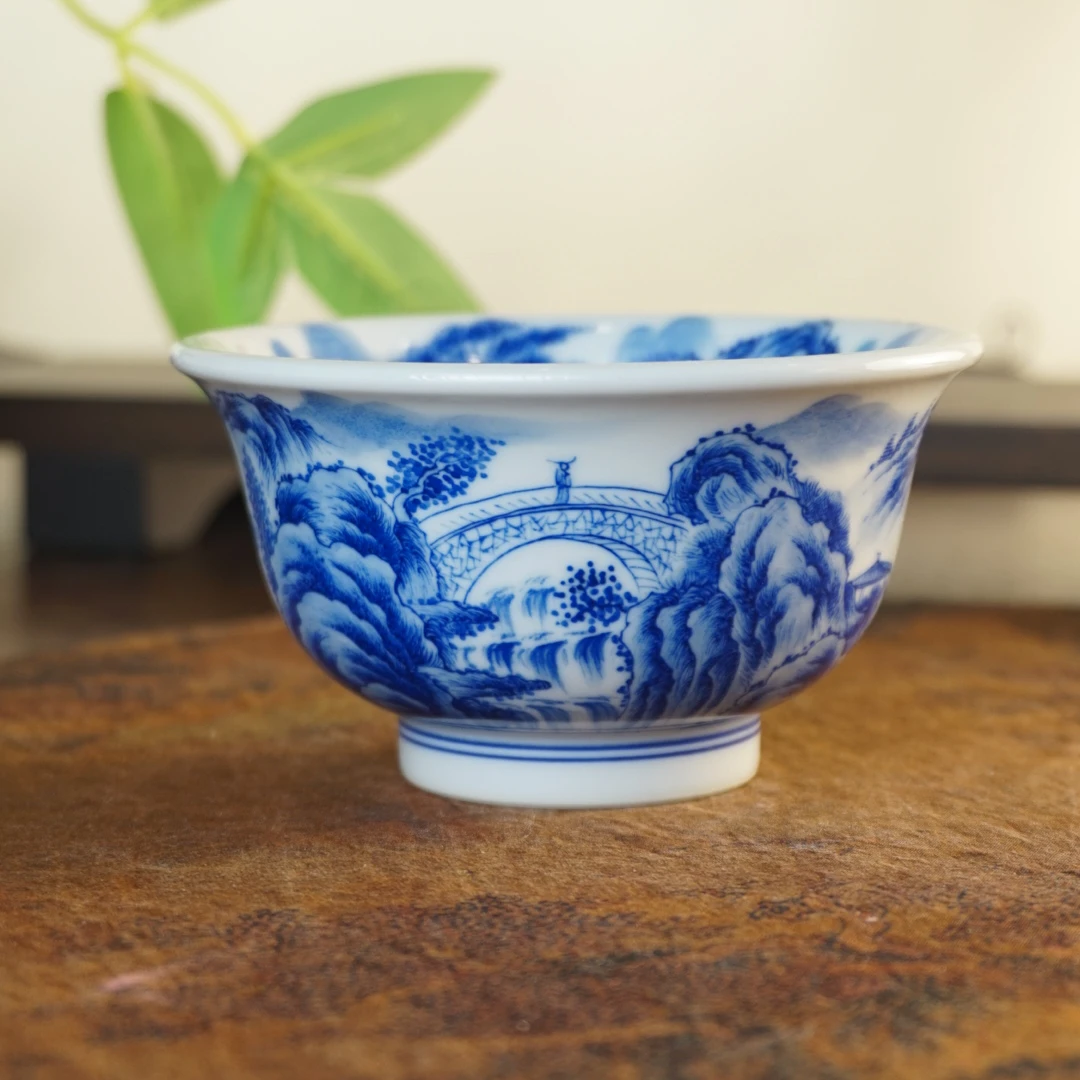 溪山堂仿北宋山水青花山水茶杯柴窑青花山水主人杯茶杯压手杯