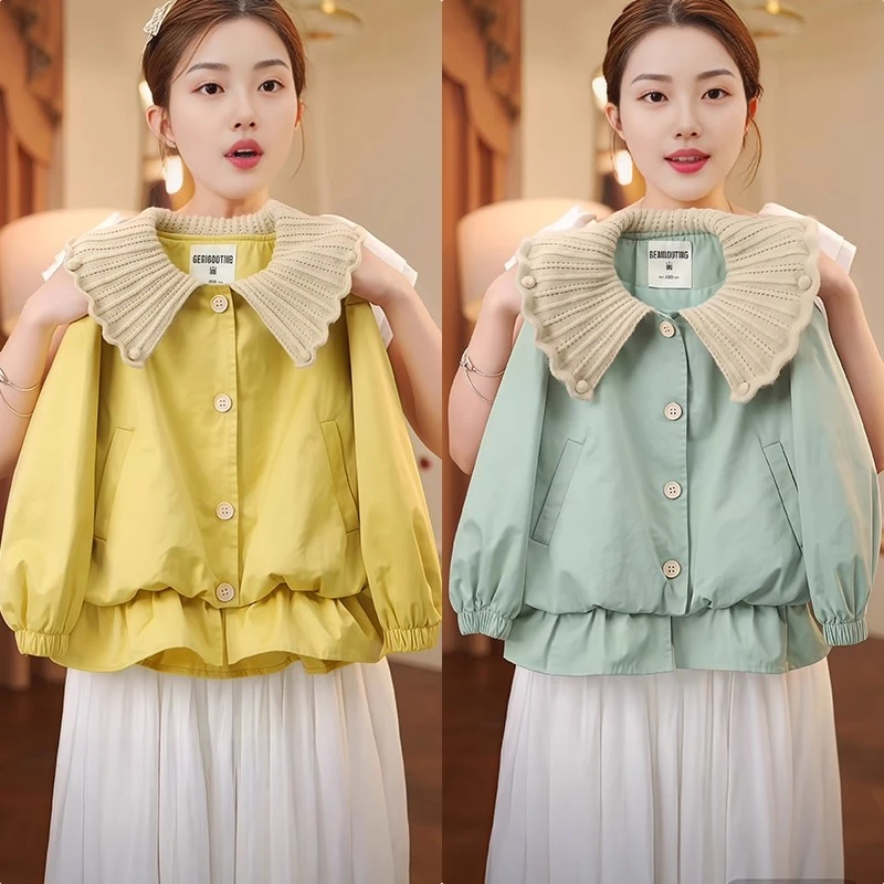 女童甜美花苞娃娃领外套2025新款春秋款毛线荷叶领冲锋衣夹克开衫