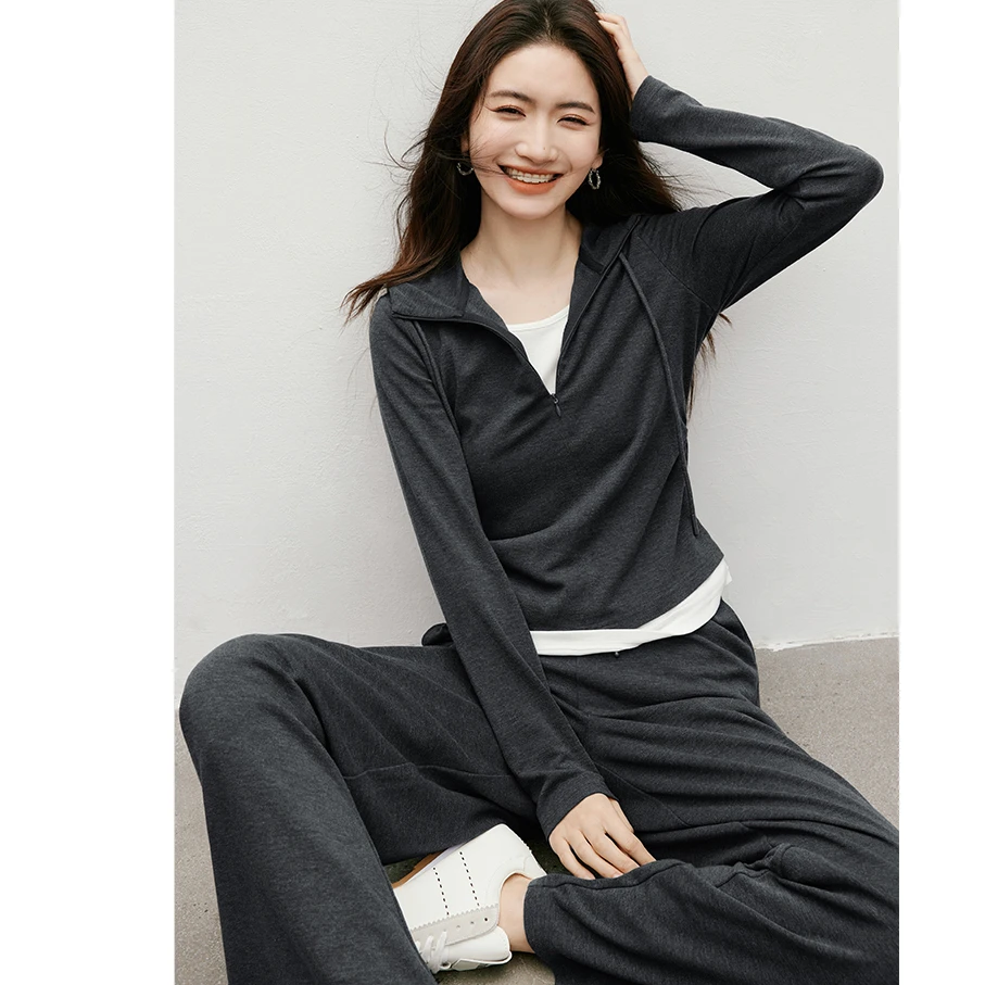 早秋穿搭一整套女时尚假两件半拉链连帽上衣高腰显瘦休闲裤两件套