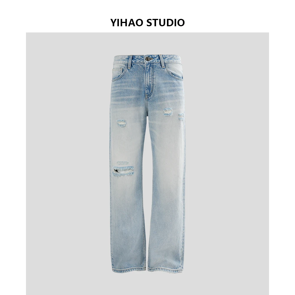 YIHAO STUDIO夏季新款男士水洗破洞直筒牛仔裤美式休闲宽松长裤