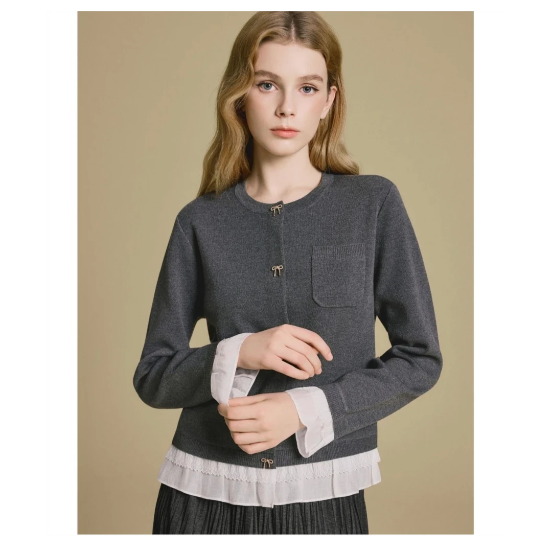 PSALTER诗篇专选蝴蝶结木耳边拼接开衫针织衫2025年秋季新款