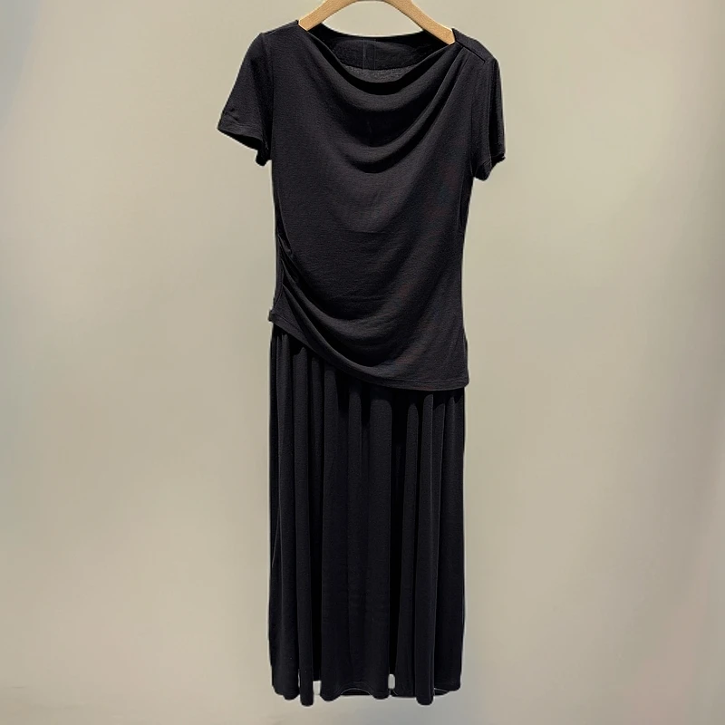 9290艾家2025年春季新款百搭休闲一字领不规则短袖T恤半身套装女