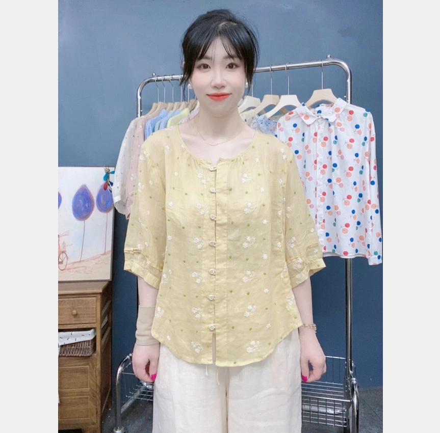夏季苎麻圆领小衫女 复古文艺气质衬衣宽松花色衬衫
