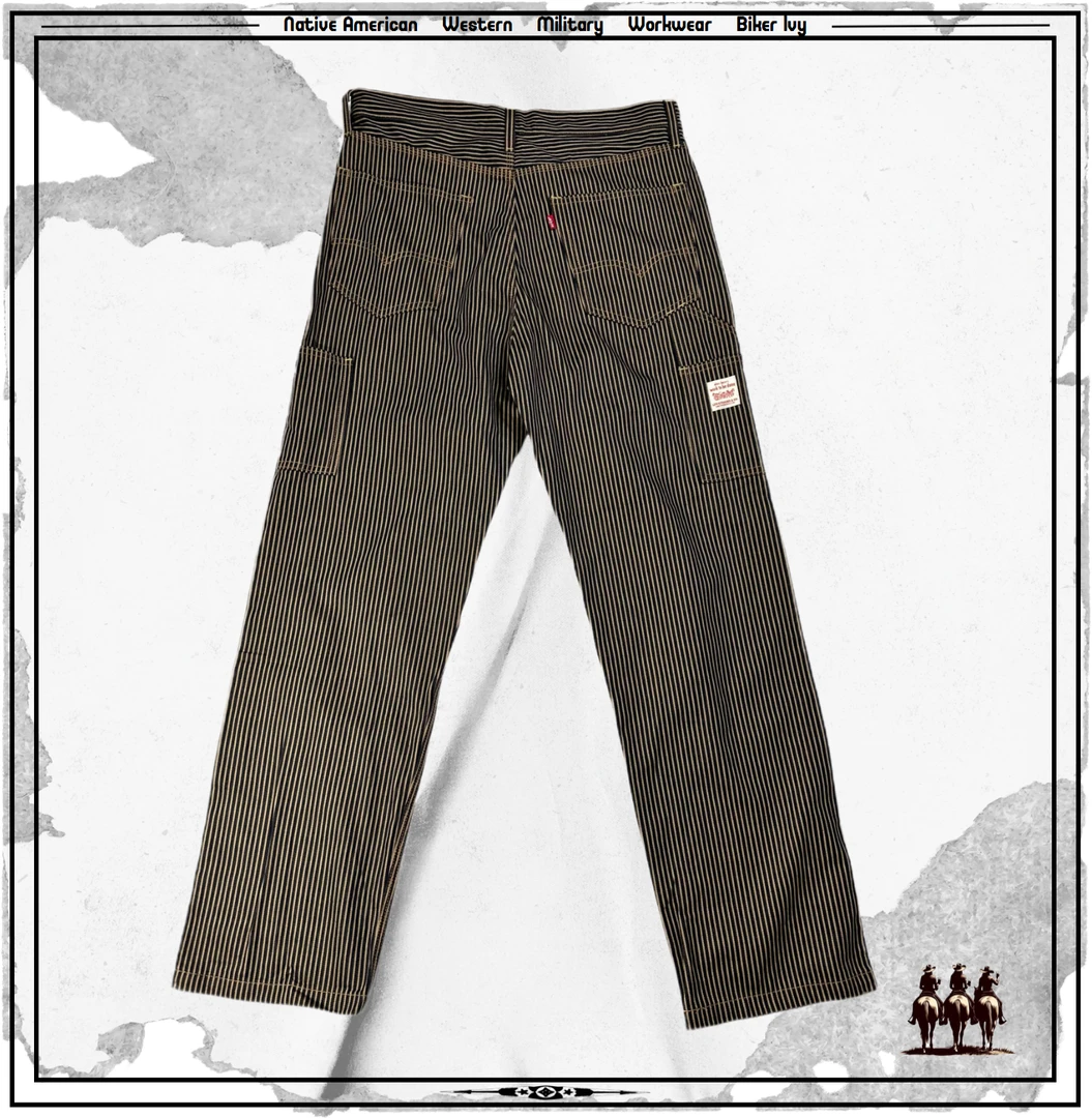 老李外贸样品美式复古铁路工人条纹工装裤男士直筒宽松直桶