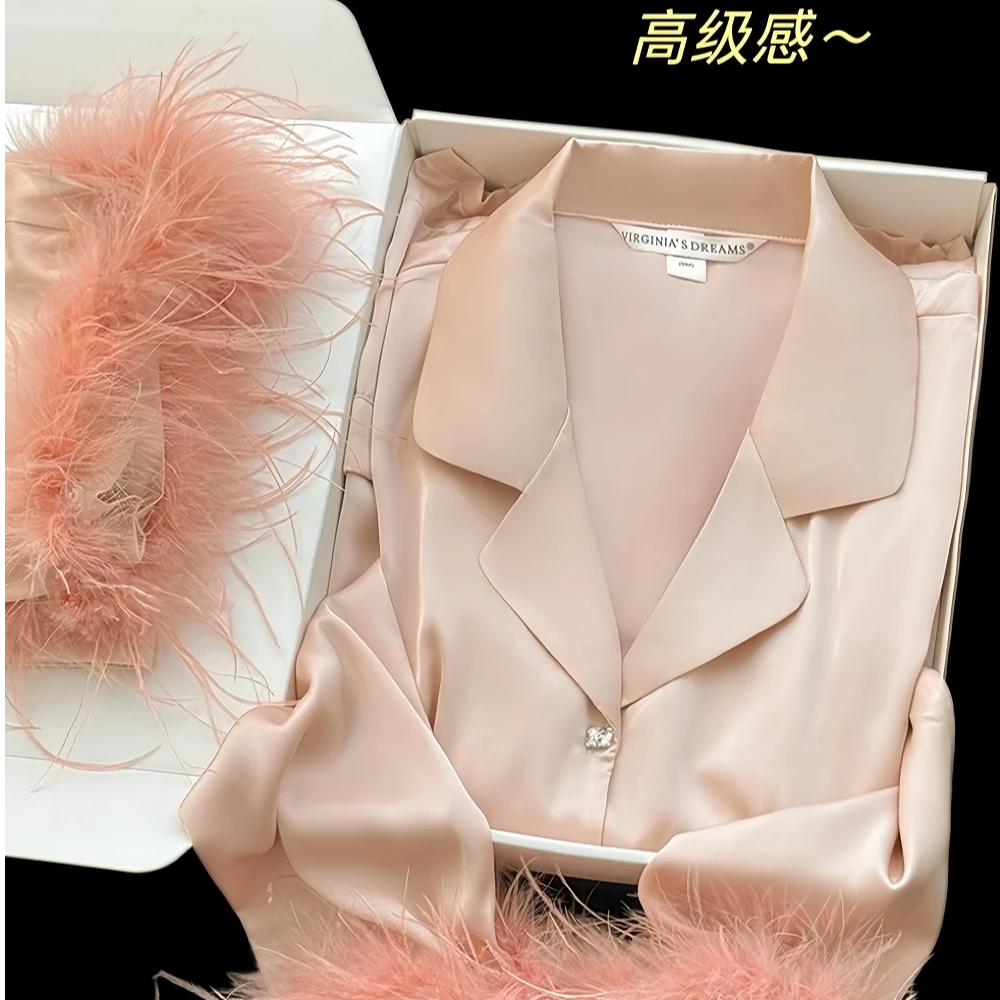 睡衣女款爆款2024新款夏冰丝套装出门款长袖高贵上档次驼毛气质感