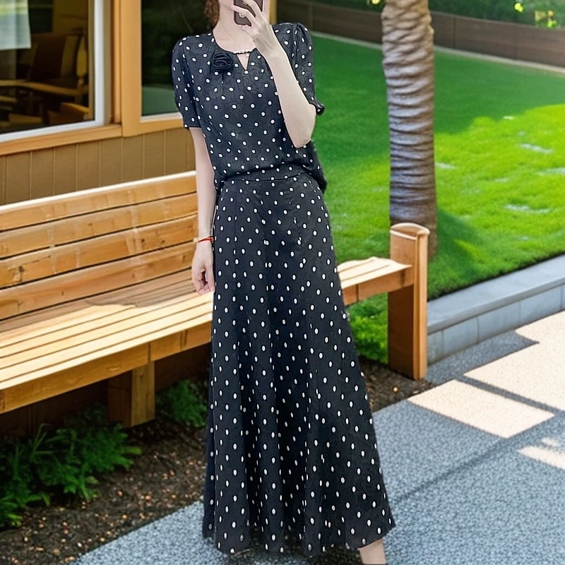 T178时尚套裙波点长款时尚百搭短袖休闲长裙