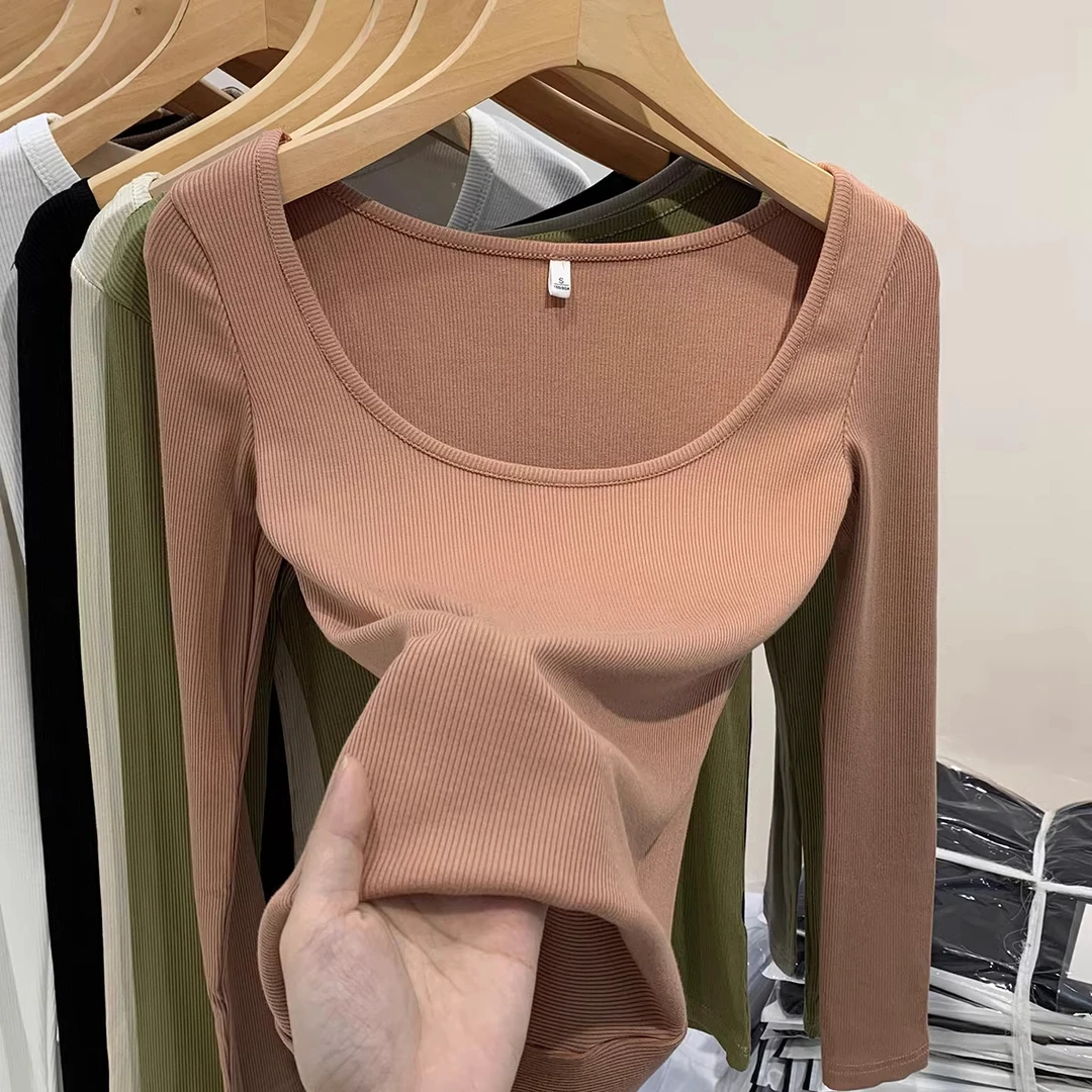 粉色长袖针织修身上衣女春季新款设计感显瘦气质打底衫薄款T恤潮