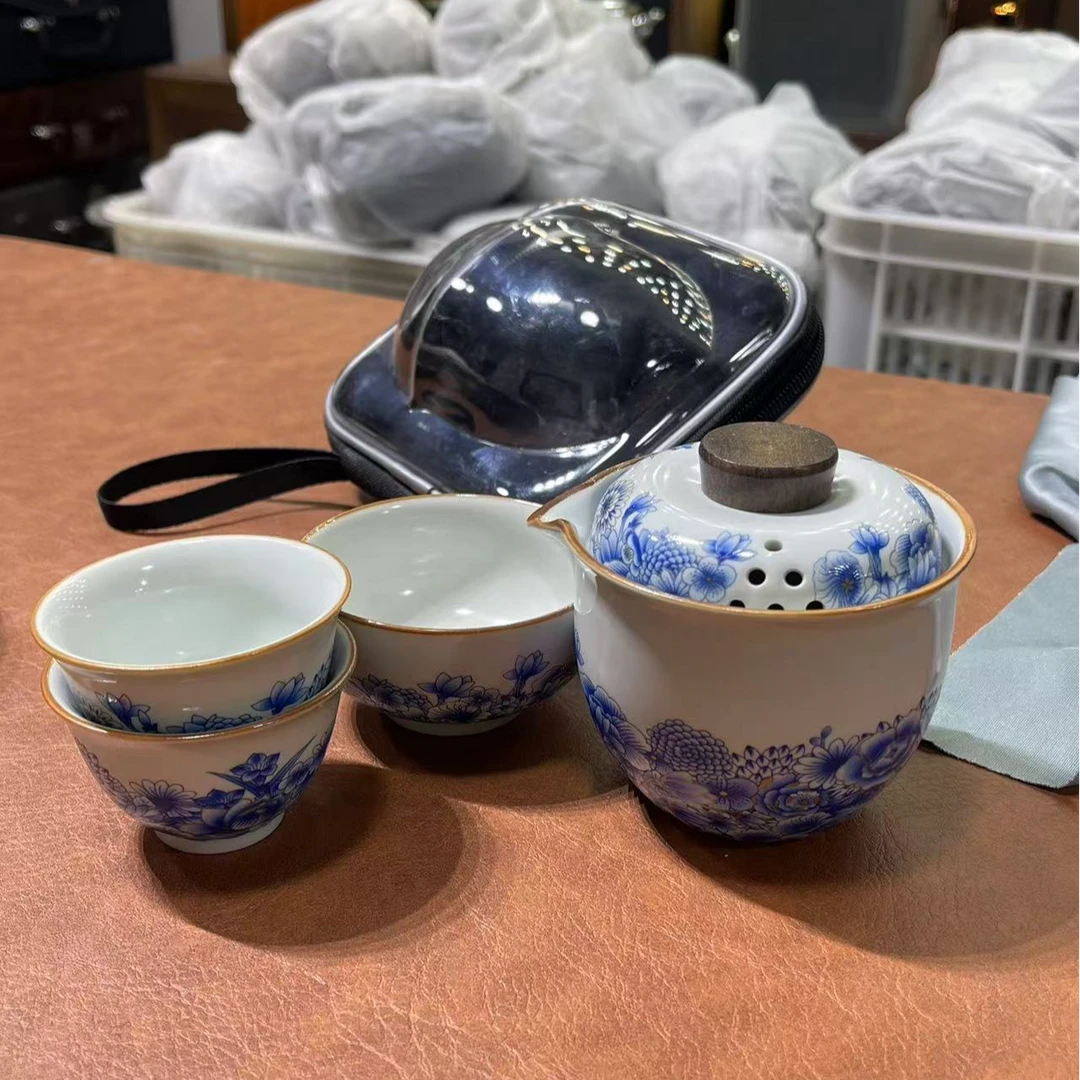 汝窑开片陶瓷快客杯一壶三杯便携式3779