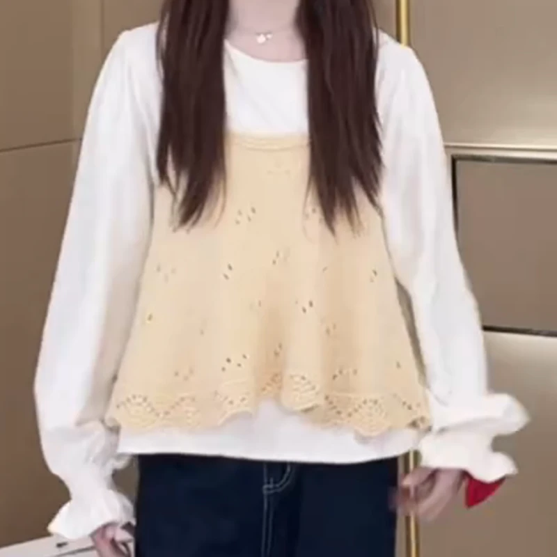 【真两件套】早秋甜美温柔喇叭袖衬衫搭针织吊带两件套女LK2505912