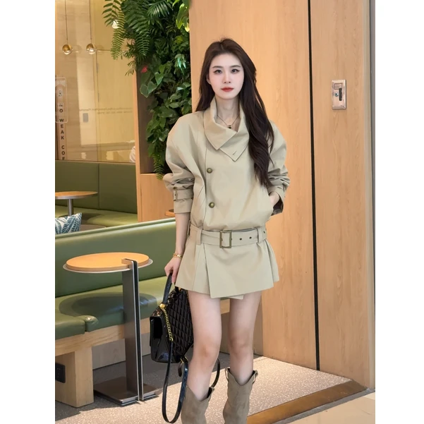 LOSA ROSA短款风衣小个子卡其色立领春秋收腰宽松英伦风廓形外套