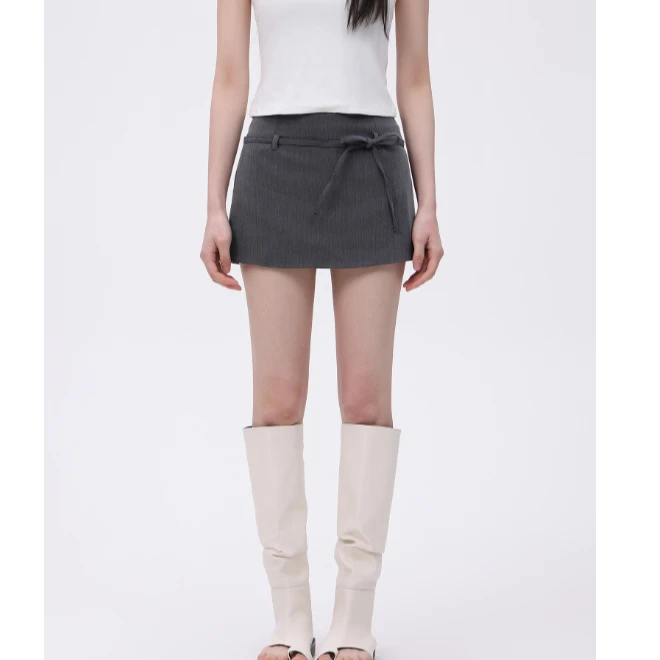 miu系纯色高腰显瘦a字短裙女夏季系带蝴蝶结半身裙