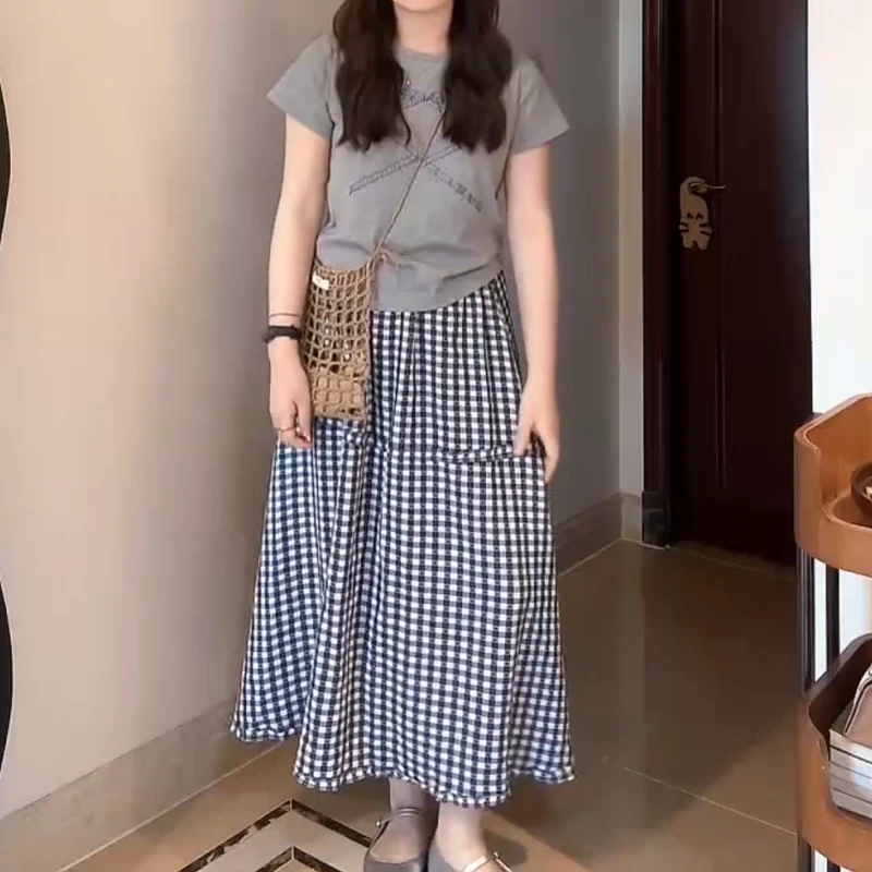 【高智少女】蝴蝶结格纹短袖+复古波浪边半身裙套装LK2502562