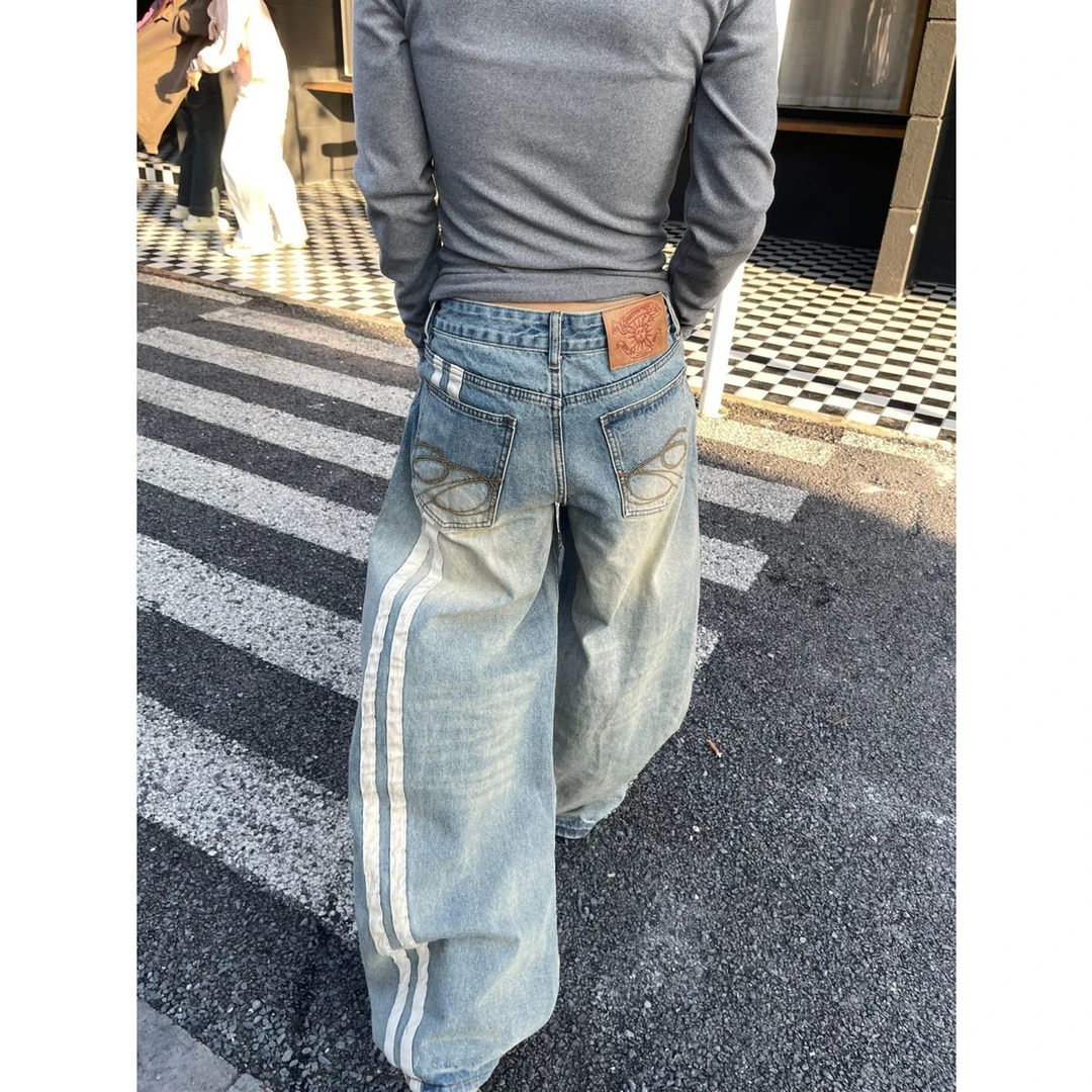 高个子加长美式复古刺绣弯刀牛仔裤女宽松显瘦直筒垂感拖地阔腿裤