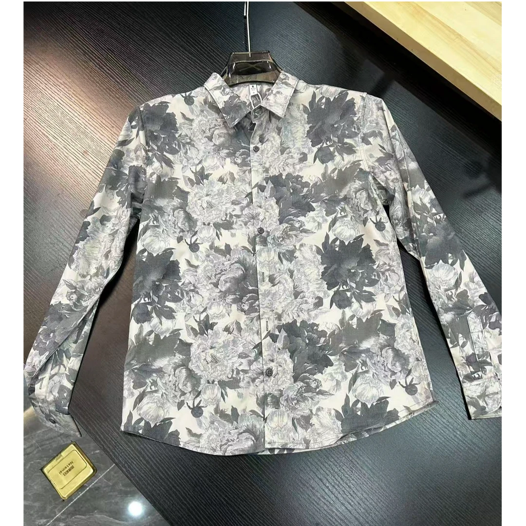 男装【痞帅】纽扣翻领春秋长袖印花衬衫时尚扎染提花经典-8605