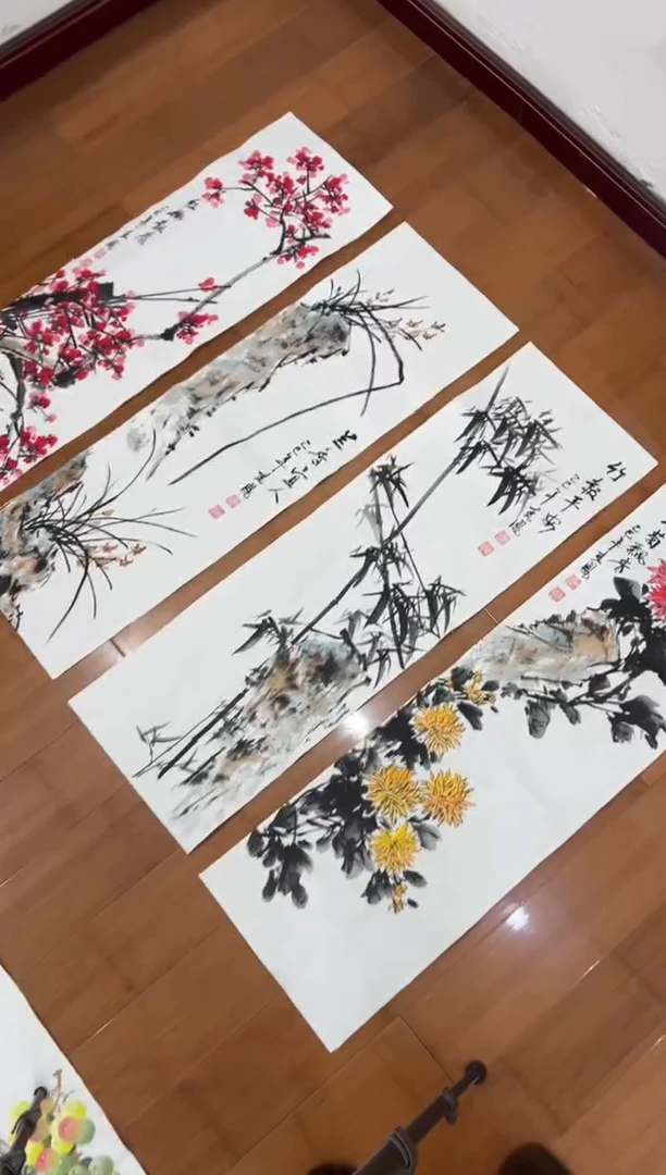 国画【直播福利，纯手工手绘】李春凤梅兰竹菊30*98
