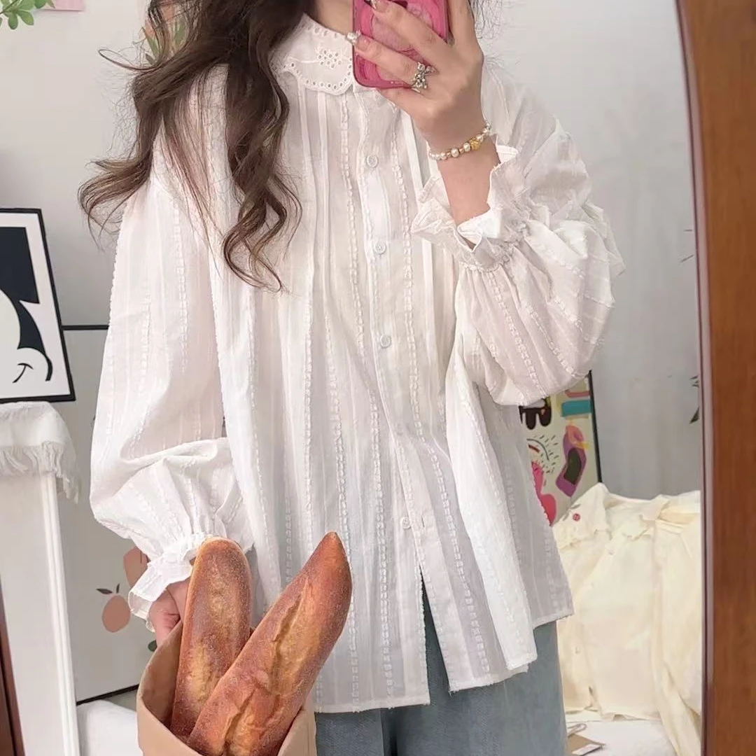 【杨杨服饰】大码长袖衬衫女上衣2025春季新款蕾丝方领衬衫甜美9185