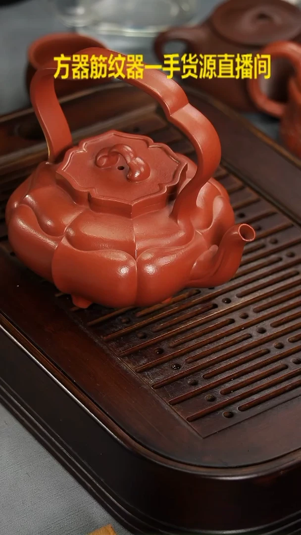 茶壶紫砂宜兴紫砂壶朱泥筋纹大提梁
