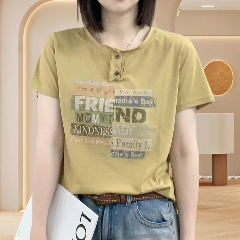 纯棉小众炸街高级感印花洋气减龄纽扣短袖t恤女甜美可爱风格衣服