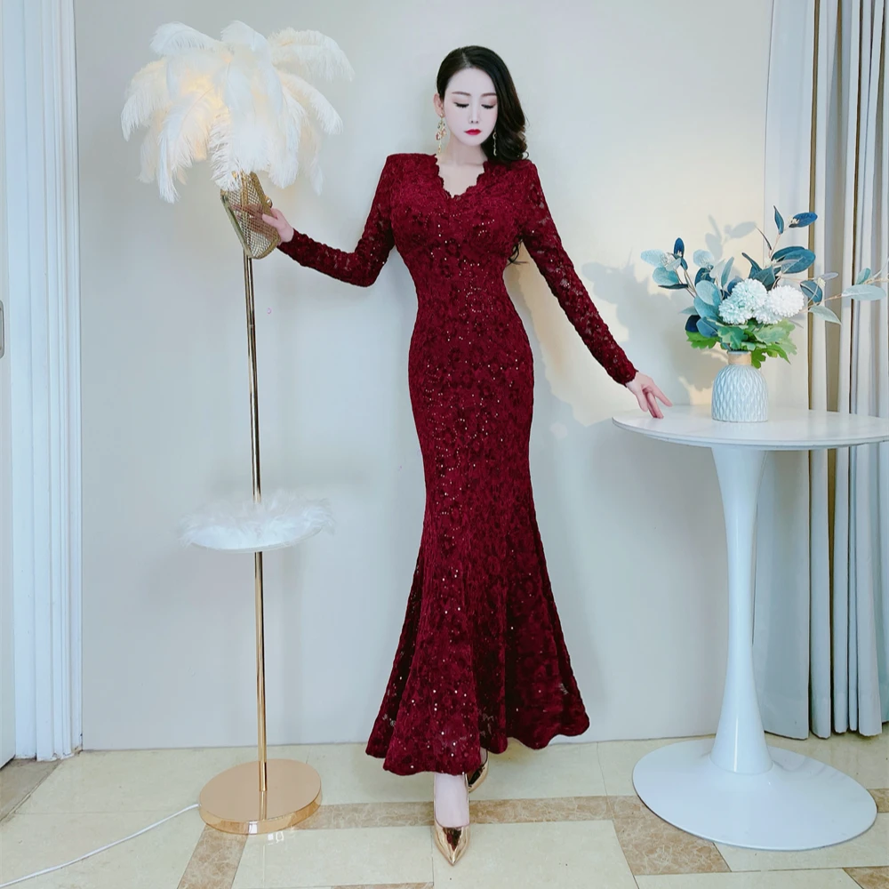 新款气质女人味修身显瘦重工亮片礼服鱼尾长裙V领包臀厚实连衣裙
