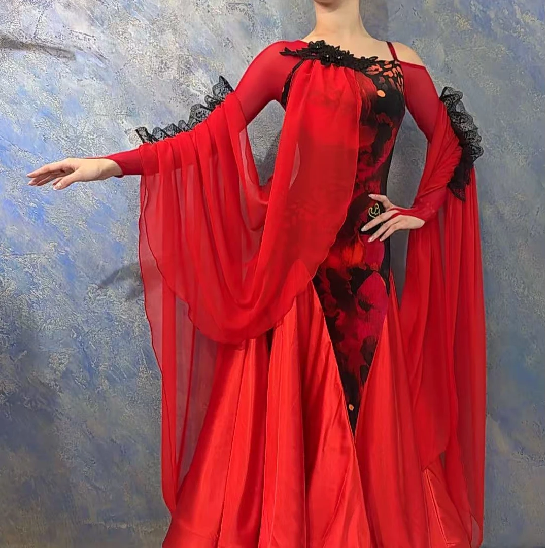 YRSS舞服♥新款设计师立体花红丝绒爱马仕橙摩登拉丁国标表演舞服