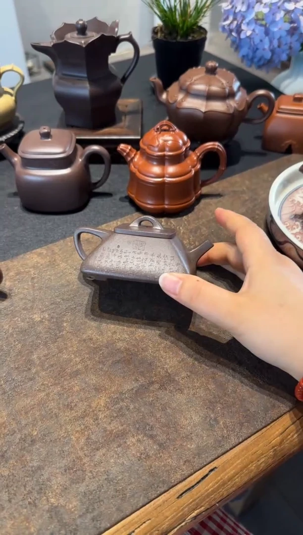 茶壶紫砂四方石瓢 刻绘