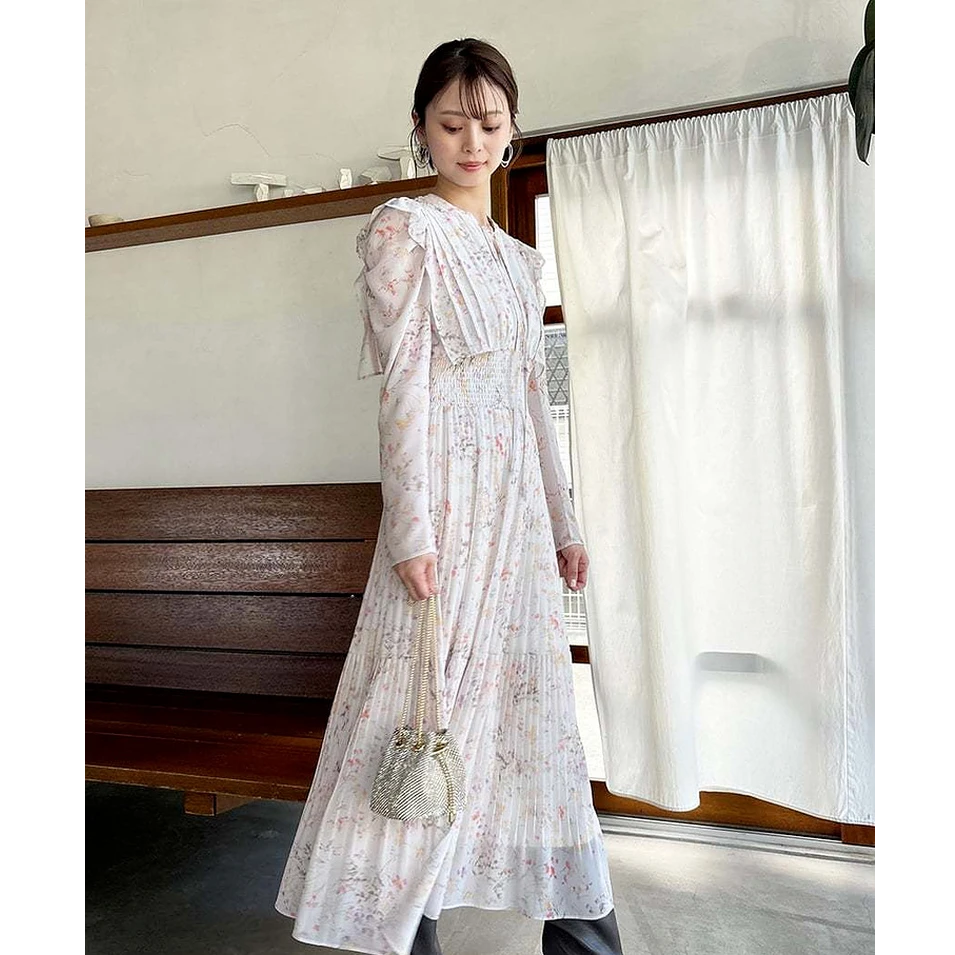 SNIDEL春夏新品甜美淑女荷叶边收腰百褶印花连衣裙SWFO244316