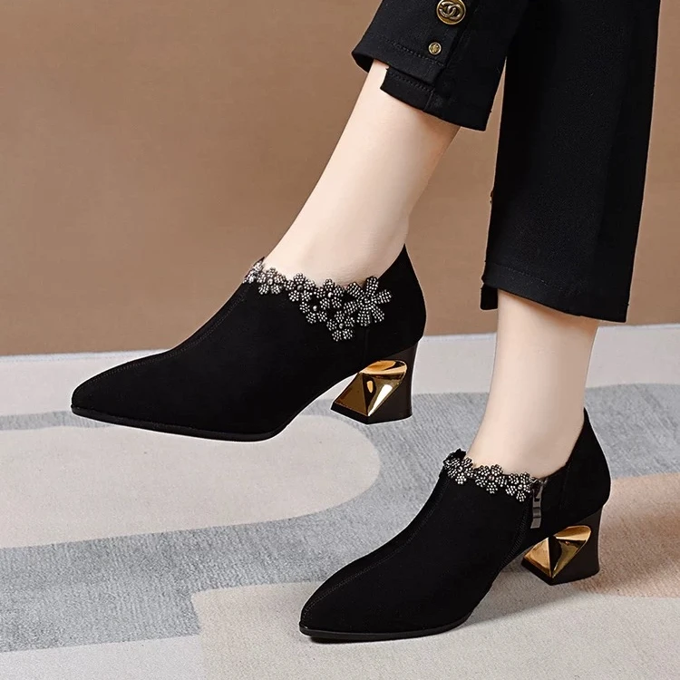 2025新款春秋季磨砂真皮女鞋中跟深口单鞋皮鞋粗跟高跟鞋尖头女鞋