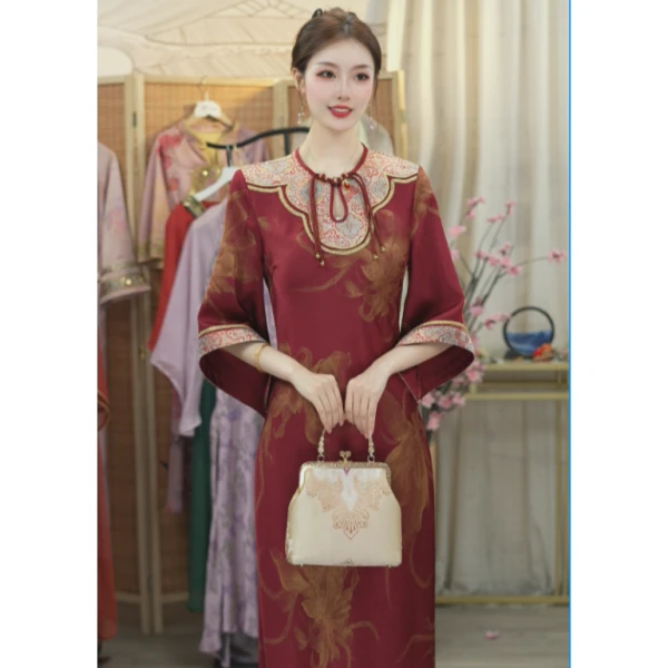 微岚熙2025夏季新款中国风飘逸日常红色长款连衣裙（1748）