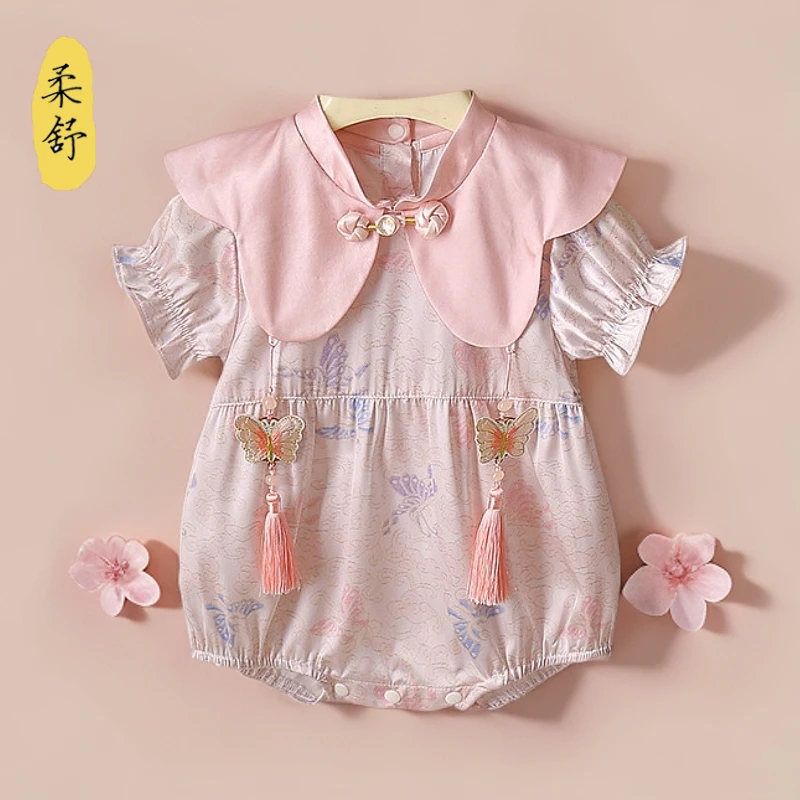 婴儿国风夏款包屁衣女宝宝夏季薄款短袖连体衣满月周岁中式爬服