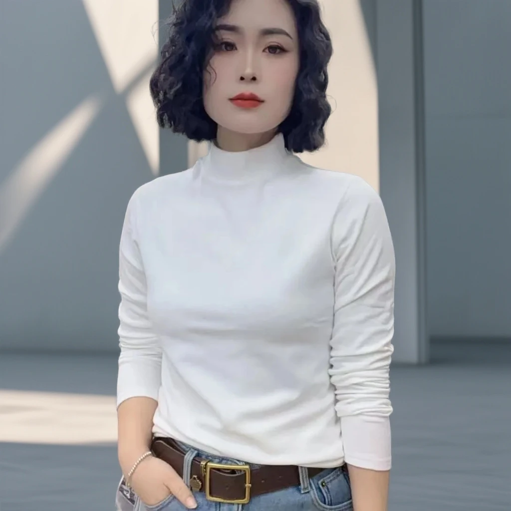 半高领长袖加绒打底衫冬季女新款百搭洋气内搭春秋冬上衣修身